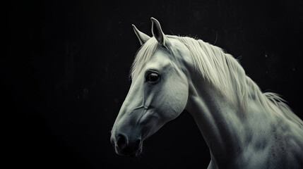 Beautiful white horse  on isolated black background