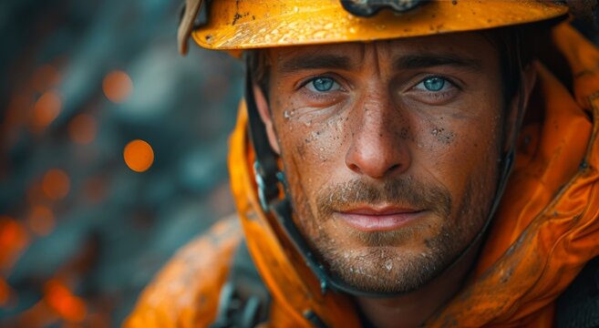 A blue-collar worker dons his protective gear, with a determined expression on his human face, ready to face the dangers of his work as a firefighter