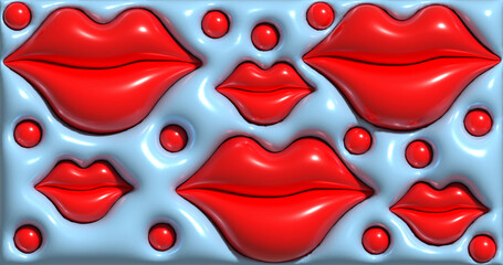 Red convex shining lips on a red background, 3D rendering illustration