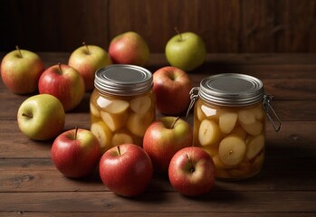 Canned apples. Jar with canned apples and fresh apples on wooden table