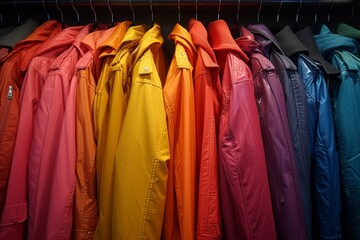 Vibrant coats hang in perfect harmony on a closet of swinging hangers, exuding a sense of bold fashion and impeccable care at the bustling boutique