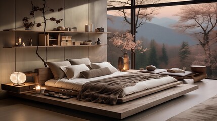 Japanese Zen bedroom with a platform bed, tatami mats, and serene decor.