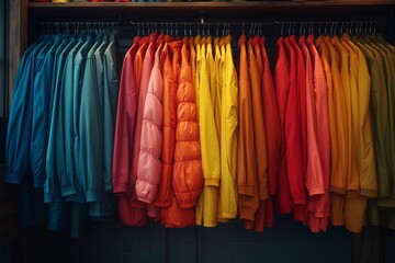 Vibrant coats sway on hangers, waiting for their next adventure in the luxurious indoor boutique of a stylish dry cleaning store