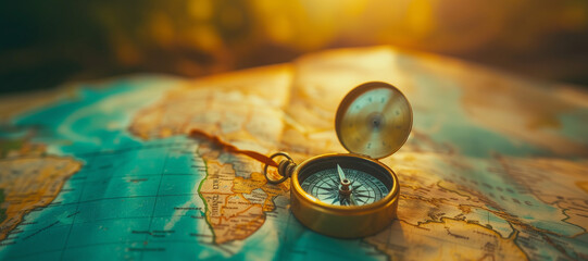 Magnetic compass and location marking with a pin on routes on world map. Adventure, discovery, navigation, communication, logistics, geography, transport and travel theme concept background - obrazy, fototapety, plakaty