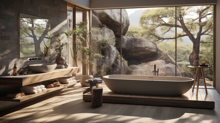 Japanese-inspired Bathroom with natural stone tiles