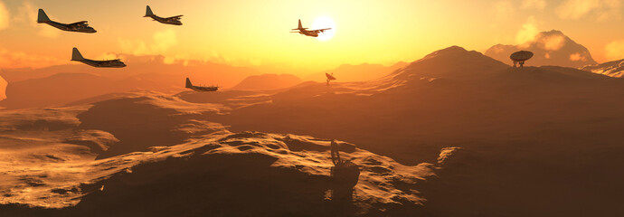 Squadron of Planes Flying over Desert Terrain at Sunset