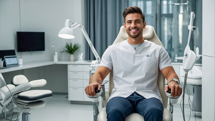 Smiling male doctor dentist in clinic uniform