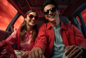A stylish woman and man share a smile while cruising in a cool red car, sporting sunglasses and goggles for a fashionable outdoor adventure