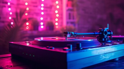 Turntable and mixer bathed in neon lights, energetic club scene