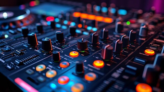 Colorful DJ console, close-up on knobs and sliders, party vibe