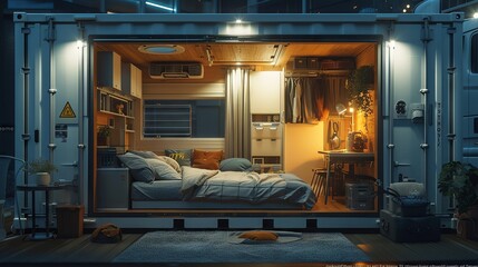 Compact living space within a cargo box, twilight elegance