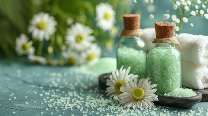 Fototapeta na wymiar Body care concept with green sea salt, scrub and creams, spa with flowers