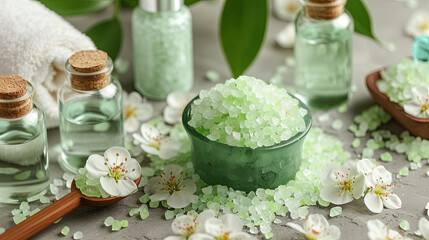 Body care concept with green sea salt, scrub and creams, spa