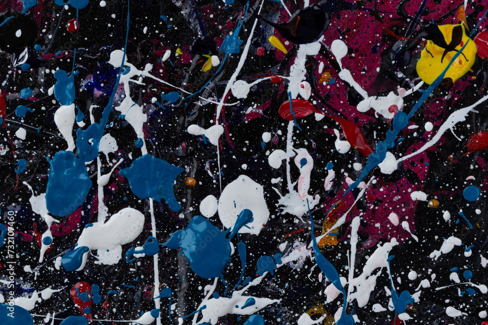 Poster macro close-up of an abstract, messy and colorful acrylic paints on black background. splashes, blob