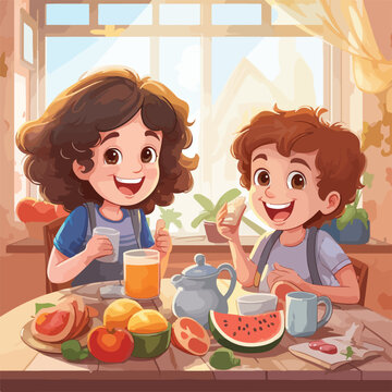 A vector illustration of happy kids eating.