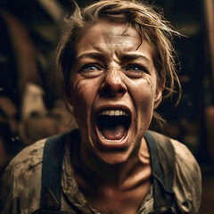 Screaming young blond woman with dirty face. Distressed farmer, workers. Rebellion of people working under harsh conditions