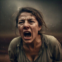 Screaming woman with dirty face. Rebellion of people suffering from wars, poverty, natural disasters