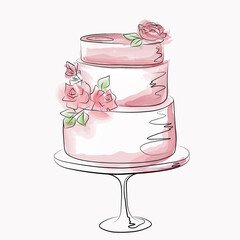 Large pink cake with roses, made in watercolor. Cake on a stand. Dessert. Happy birthday 