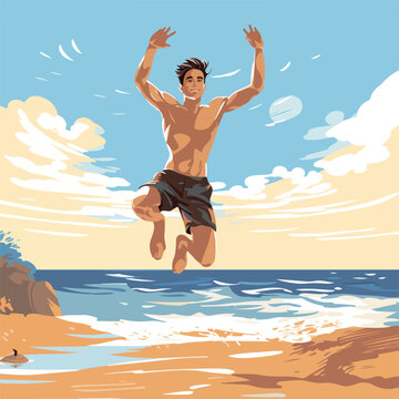 A young man makes a jump in summer. Vacation.