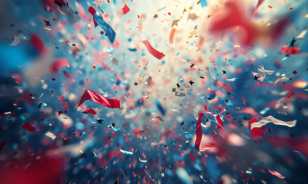 An explosion of colored confetti in the colors red and blue symbolizing the US flag. Celebrating the presidential election and President's Day.