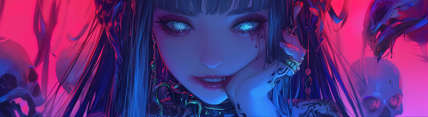 demon horror manga woman, anime artstyle, lofi, widescreen, wallpaper, background, black and white, neon colours - obrazy, fototapety, plakaty