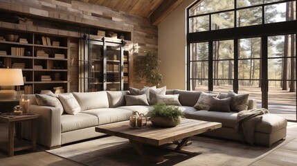 Modern farmhouse living room with a sectional sofa bed and barn door accents.