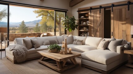Modern farmhouse living room with a sectional sofa bed and barn door accents.