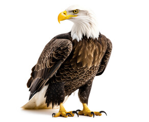 A stunning close-up of a bald eagle, showcasing its powerful stature and intense gaze against a white background.