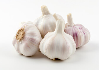 A close-up image of five fresh garlic bulbs with varying shades of white and purple, neatly arranged against a pristine white background.