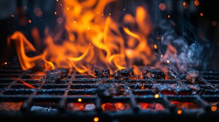 Vivid flames on grill, barbeque heat in a dark setting