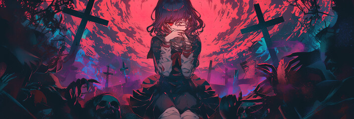 demon horror manga woman, anime artstyle, lofi, widescreen, wallpaper, background, black and white, neon colours