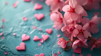 Pink blooms and crafted hearts over azure surface