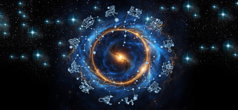 zodiac signs with their star constellations with stars and gold circle with cosmic light and galaxy like astrology concept and astrological background with AI elements  