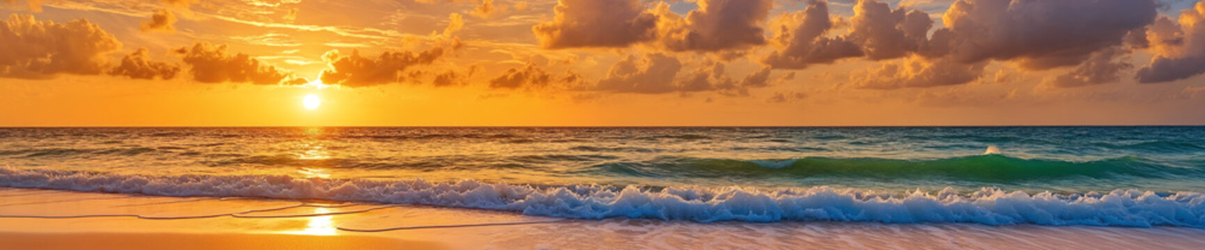 Spectacular sunset view on the secluded sand beach with rolling waves and a picturesque cloudy sky