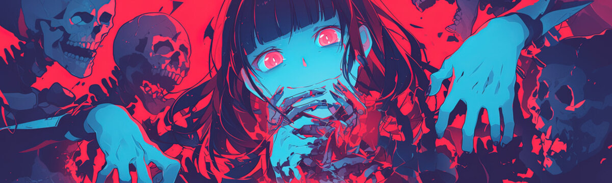 Demon Horror Manga Woman, Anime Artstyle, Lofi, Widescreen, Wallpaper, Background, Black And White, Neon Colours