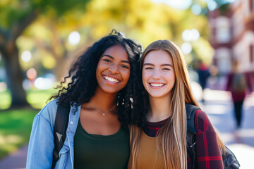 Obraz premium Portrait of two smiling female students in campus 