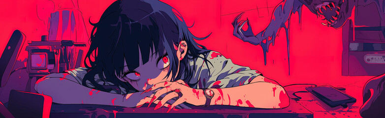 Naklejka premium demon horror manga woman, anime artstyle, lofi, widescreen, wallpaper, background, black and white, neon colours