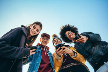 Multiethnic group of young people using mobile phones and smiling outdoors
