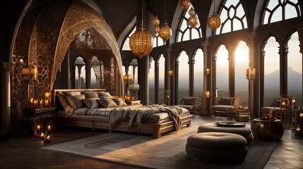 Moroccan bedroom with intricate patterns, a canopy bed, and floor seating. - obrazy, fototapety, plakaty
