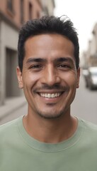Obraz premium Hispanic man smiling at camera standing outside in street. South American person portrait smile