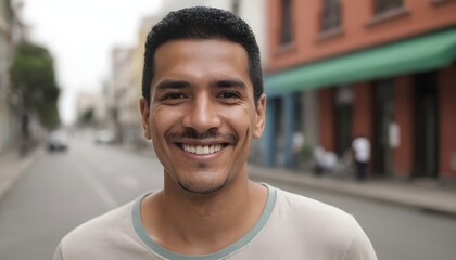 Hispanic man smiling at camera standing outside in street. South American person portrait smile - obrazy, fototapety, plakaty