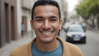 Hispanic man smiling at camera standing outside in street. South American person portrait smile
