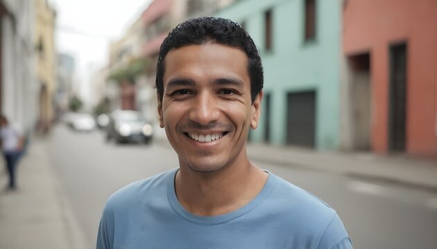 Hispanic Man Smiling At Camera Standing Outside In Street. South American Person Portrait Smile