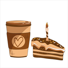 Coffee in a cup and slice of cake with a candle made in brown tones, coffee with a heart, coffee with a dessert.