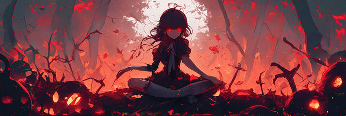 demon horror manga woman, anime artstyle, lofi, widescreen, wallpaper, background, black and white, neon colours