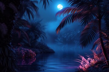 Fototapeta na wymiar natural landscape synthwave style wallpaper. Night forest with a lake wallpaper. lake forest under the sky with fog and the moon. Fantasy landscape forest at night. 