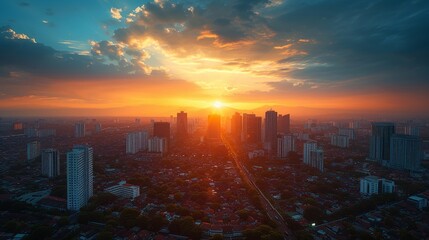 Sunset over cityscape from urban road, warm tones