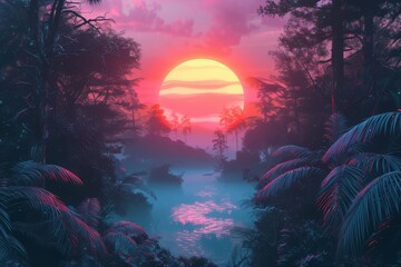 natural landscape synthwave style wallpaper. Night forest with a lake wallpaper. lake forest under the sky with fog and the moon. Fantasy landscape forest at night. moon night landscape. - obrazy, fototapety, plakaty