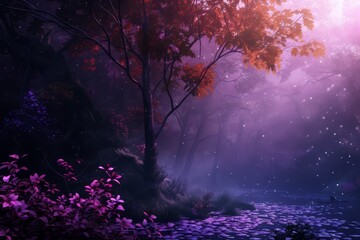 natural landscape synthwave style wallpaper. Night forest with fog wallpaper. Fantasy landscape forest at night. Dreamy night forest with fireflies.