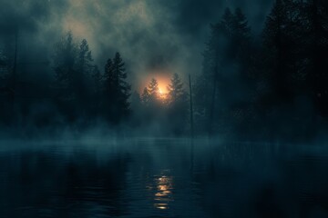 natural landscape synthwave style wallpaper. Night forest with a lake wallpaper. lake forest under the sky with fog and the moon. Fantasy landscape forest at night. 